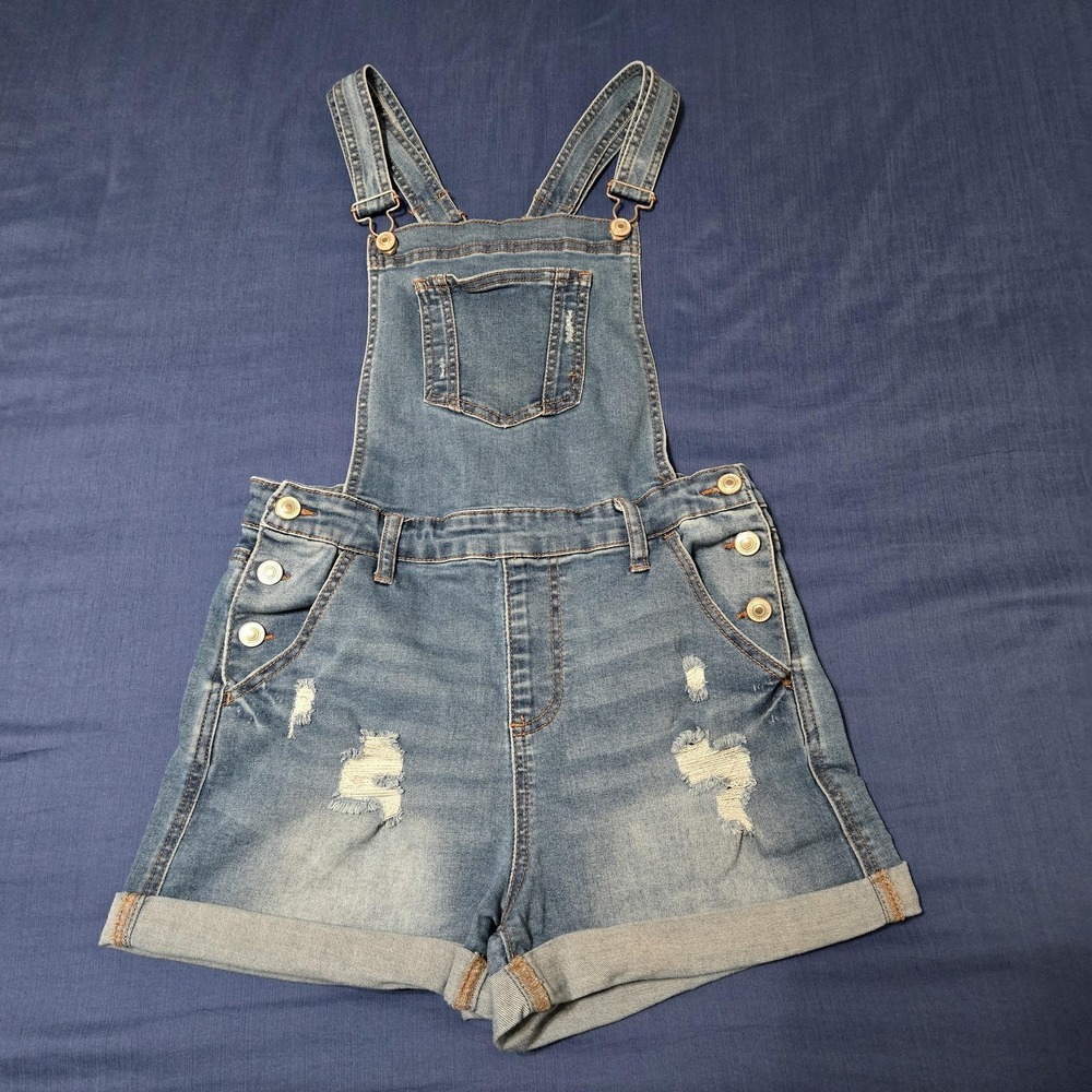 WAX JEAN‎ Overalls Womens L Blue Denim Distressed Shortalls Button Front Summer